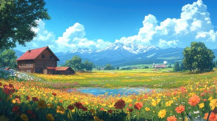 Alpine meadow farmhouse summer sun