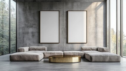 Modern Concrete Living Room with Blank Art