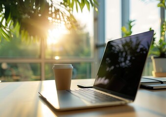 Fototapeta premium Laptop and coffee on a desk by a window.