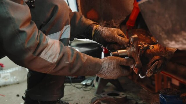 Skilled automotive technician working on heavy-duty truck, replacing wheel hub assembly with meticulous attention to detail in modern professional repair facility