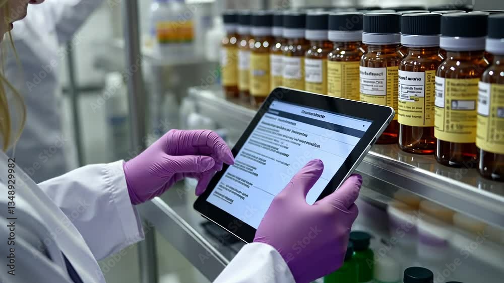 Poster in a bustling laboratory setting, a skilled technician in gloves reviews product data on a tablet, e