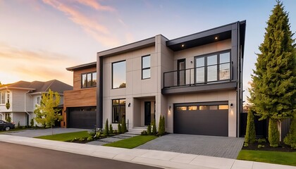 Fototapeta premium Close up photo of modern residential townhouse, luxury architectural style house exterior