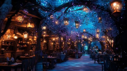 Enchanting restaurant alley, fantasy lighting, magical trees, dinner, romantic ambiance