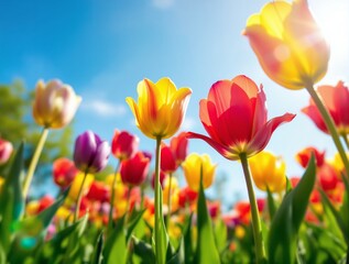 Vibrant tulips in red, yellow, and purple bloom under sunlight against a blue sky, creating a bright and cheerful spring background. Ai generative