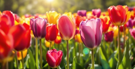 Fototapeta premium Vibrant tulips in shades of pink, red, and yellow blooming in a sunlit garden with a blurred green background. Perfect floral wallpaper. Ai generative