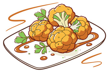 9 Crispy golden cauliflower bites, vibrant orange sauce, white ceramic plate, garnished with fresh cilantro, appetizing close-up, high-contrast lighting, professional food photography, bright and colo