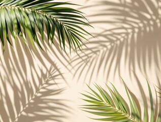 Fototapeta premium Green palm leaves casting shadows on a beige background, creating a tropical and natural aesthetic. Light and shadow play enhance the creative composition. Ai generative