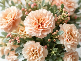 Delicate peach carnations with green leaves and pink buds on a soft background. Aesthetic floral composition for creative wallpaper or background. Ai generative