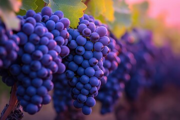Grape vines reaching horizon at sunset with deep purple clusters