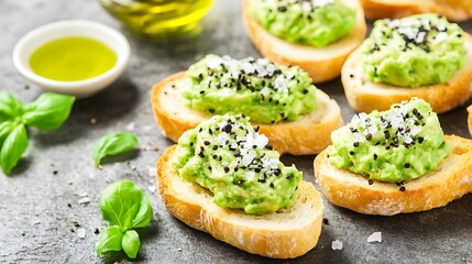 Delicious avocado toast appetizer with herbs and olive oil ready to serve