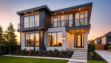 Fototapeta premium Close up photo of modern residential townhouse, luxury architectural style house exterior