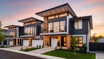 Fototapeta premium Close up photo of modern residential townhouse, luxury architectural style house exterior