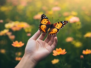 Butterfly on hand for flower field, sunset.