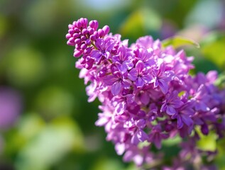 Obraz premium Close-up of vibrant purple lilac flowers with delicate petals in full bloom, set against a blurred green background. Aesthetic floral wallpaper. Ai generative
