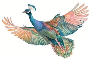 Fototapeta premium Vibrant peacock in flight illustration