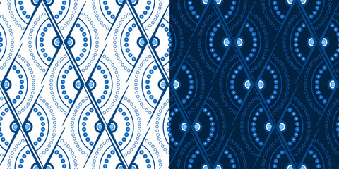 Geometric monochrome blue seamless pattern. Zigzag diagonal lace ornament of semicircles and angles. Expressive geometric shapes. Concentric arcs made from small circles.