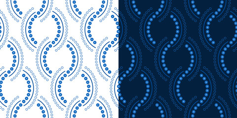 Monochrome blue linear seamless pattern. Chain weave design. Wavy lace scallops ornament of semicircles. Elegant vintage background. Diagonal concentric curved lines made from small circles.