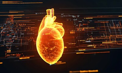 Glowing, holographic heart with digital information overlayed on a dark, high-tech backdrop - Powered by Adobe
