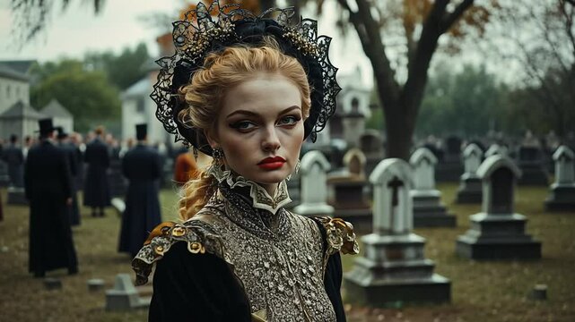 In the heart of New Orleans, a historic cemetery hosts a gathering. Dressed in vintage attire, attendees pay homage amidst ornate tombs and lush greenery, creating a captivating atmosphere.
