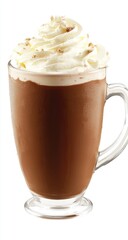 Hot chocolate drink, whipped cream, transparent mug, studio shot