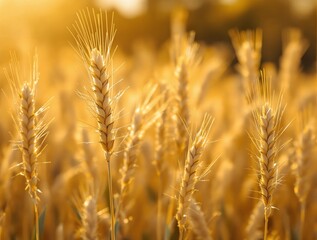 Obraz premium Close-up of golden wheat spikes in a field with warm sunlight and a blurred background. The glowing tones create a serene and natural atmosphere. Ai generative