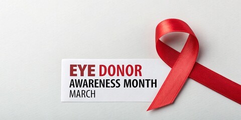 Eye Donor Awareness Month - Red Ribbon Symbolizing Organ Donation, Vision Restoration, and Medical Support on a White Background.