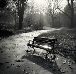 Black and White Park Bench on a Foggy Pathway