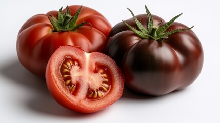 Heirloom tomatoes, showcasing vibrant colors and textures against simple backdrop