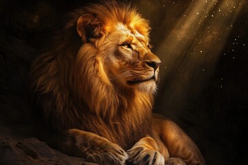 Fototapeta premium Majestic lion bathed in golden light