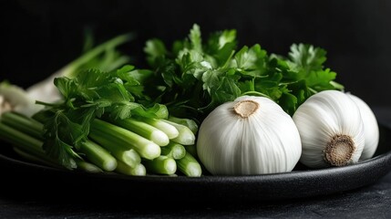 Fresh herbs and garlic on a dark plate