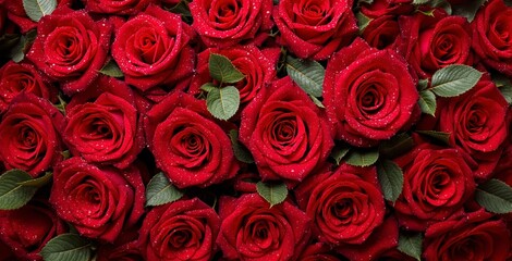 Obraz premium Fresh red roses with water droplets on petals, creating a romantic and elegant floral background. A perfect wallpaper for love and beauty concepts. Ai generative