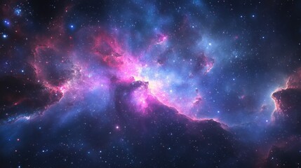 Naklejka premium Pink and purple nebula with bright stars shining in the vastness of space