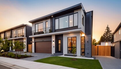 Close up photo of modern residential townhouse, luxury architectural style house exterior