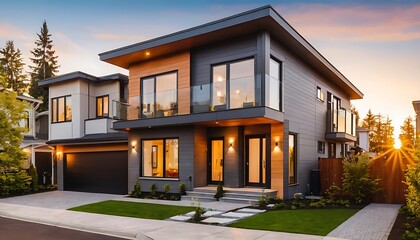 Fototapeta premium Close up photo of modern residential townhouse, luxury architectural style house exterior