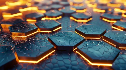 Obraz premium A close-up shot of a futuristic, abstract hexagonal pattern with glowing orange lines.
