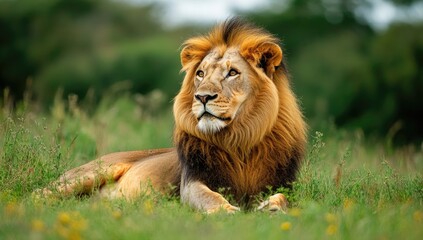 Majestic lion resting in a grassy savanna