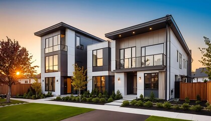 Obraz premium Close up photo of modern residential townhouse, luxury architectural style house exterior