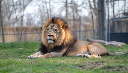 Majestic lion resting in a grassy enclosure