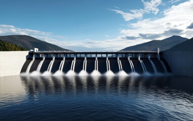A modern dam structure with water flowing from multiple gates, surrounded by mountains and a clear blue sky.