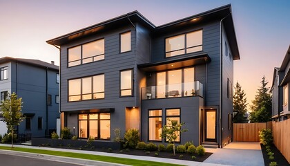 Fototapeta premium Close up photo of modern residential townhouse, luxury architectural style house exterior
