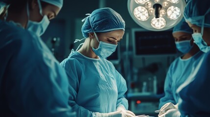 Team of female surgeons performing surgery in a high-tech operating room with focused lighting and equipment