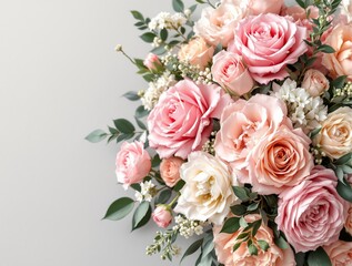 Beautiful bouquet of pink, peach, and white roses with green leaves on a soft neutral background. Perfect floral composition for background or wallpaper. Ai generative