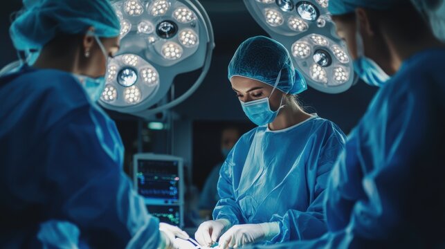 Team of female surgeons performing surgery in a high-tech operating room with focused lighting and equipment