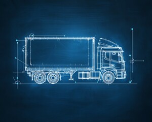 Blueprint of a truck showcasing its design, structure, and dimensions with a dark blue background for engineering and transportation.