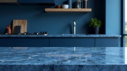 Marble empty white table top fron view, blur minimalistic scandy kitchen interior background in pastel dark blue colour and light wood, for montage product display or design key visual layout
