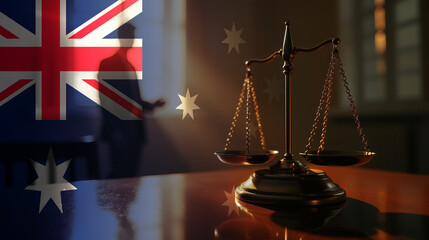 The scales of justice stand in front of the Australia flag, symbolizing law, fairness, and the legal system. A concept of democracy and equality.