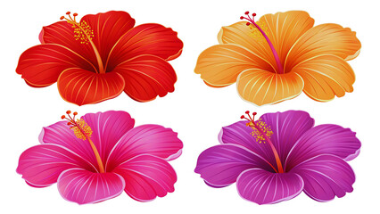 Vibrant Hibiscus Flowers Red, Orange, Pink, Purple Blooms, Botanical Illustration