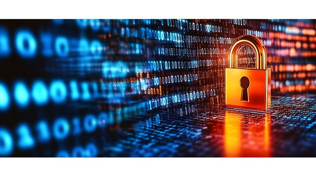 A gold padlock secures data displayed across a digital interface - Powered by Adobe