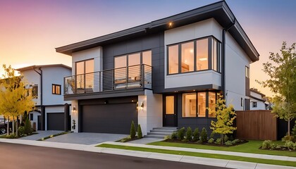 Close up photo of modern residential townhouse, luxury architectural style house exterior