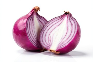 Half red onion, sliced, showing layers, pure white background, close-up, red onion